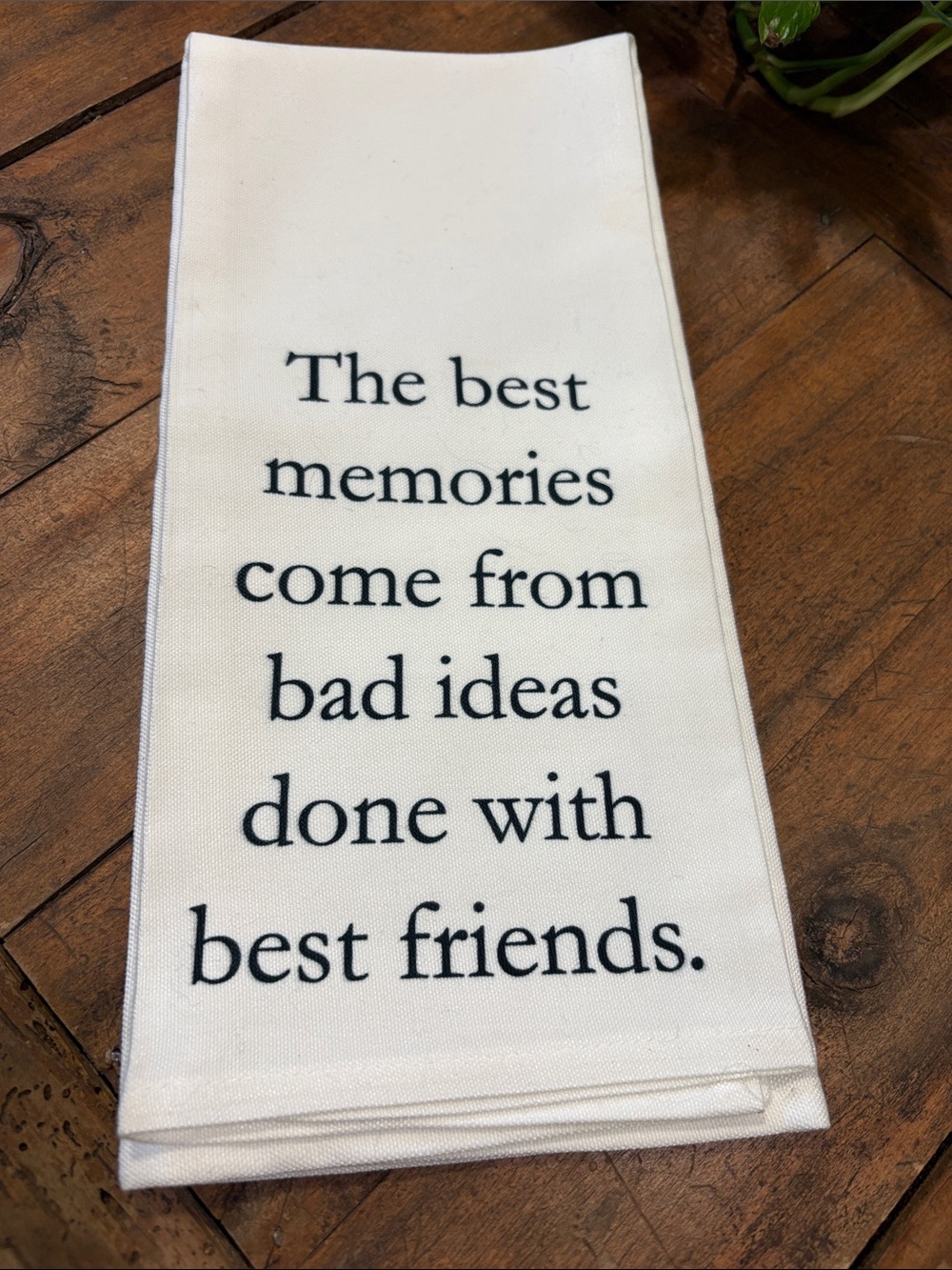 Embroidered Quote Tea Towel - Cream with Black Text